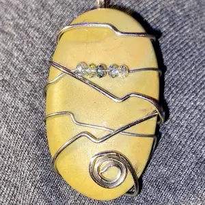 Handcrafted Wire Wrapped Natural Stone Pendant with Iridescent Beads for Necklace Unique Jewelry