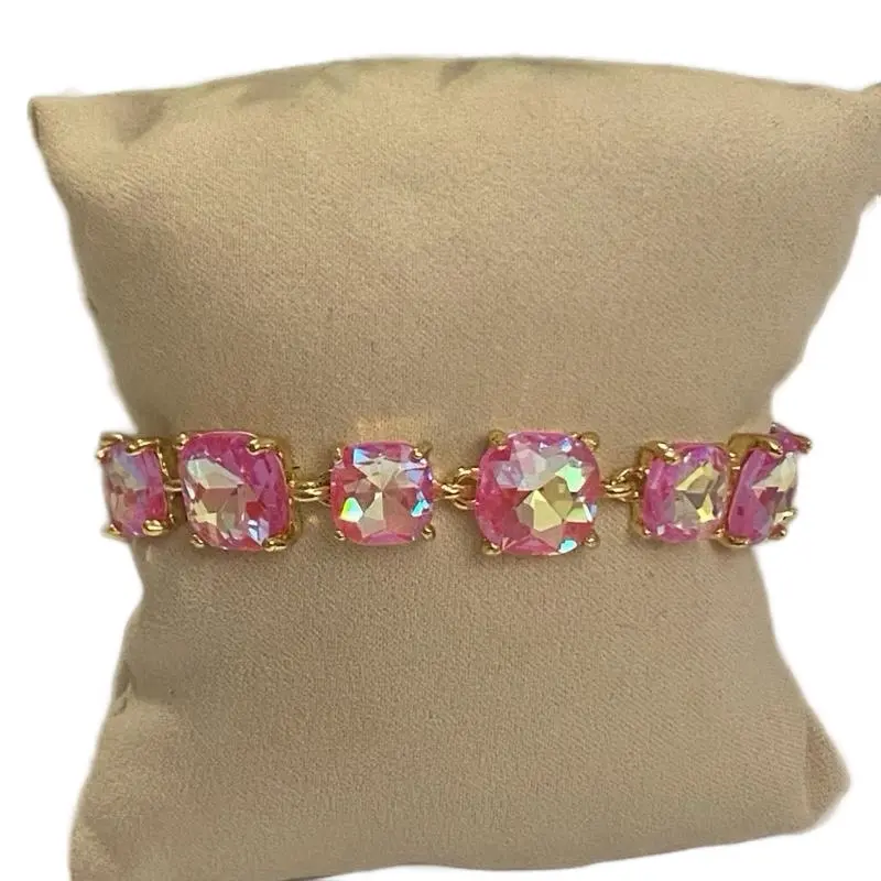 Women's Pink AB Stones Cushion Square Cut Bracelet - Gold-Tone Setting Bangle, Casual Elegant Daily Fashion Accessory, Meticulously Set, Note: Choking Hazard Small Parts