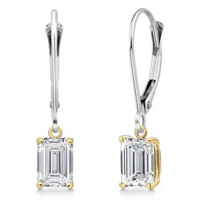 Gem Stone King 1.50 to 3.00 Cttw IGI Certified Lab Grown Diamond Leverback Dangle Earrings for Women | 925 Silver and 10K Yellow Gold | Emerald Cut | D-E Color | VS1-VS2 Clarity