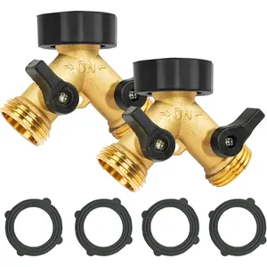 2 Pack Brass Garden Hose Splitter 2 Way, Hose Y Splitter 3/4 Inch Heavy Duty Brass Hose Connector Tap Splitter, Hose Spigot Adapter 2 Valves with Rubber Washers