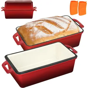 Enameled Cast Iron Bread Loaf Pan with Lid, 9x5 Even Heating Sourdough Baking Pans for Homemade Bread, Cake, Meatloaf, 2-Piece Set, Red