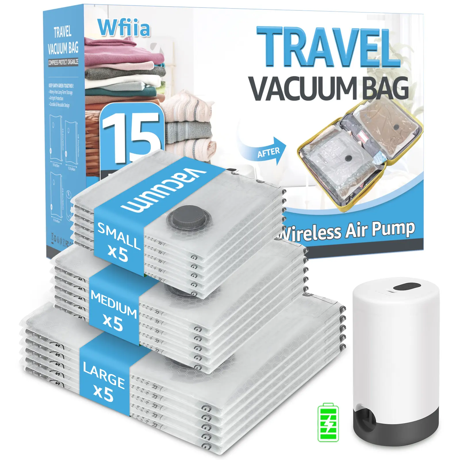 15 Pack Vacuum Storage Bags with Rechargeable Electric Air Pump, Travel Compression Bags for Luggage, Space Saving Closet Organizer for Home and Dorm Organiser saver bag