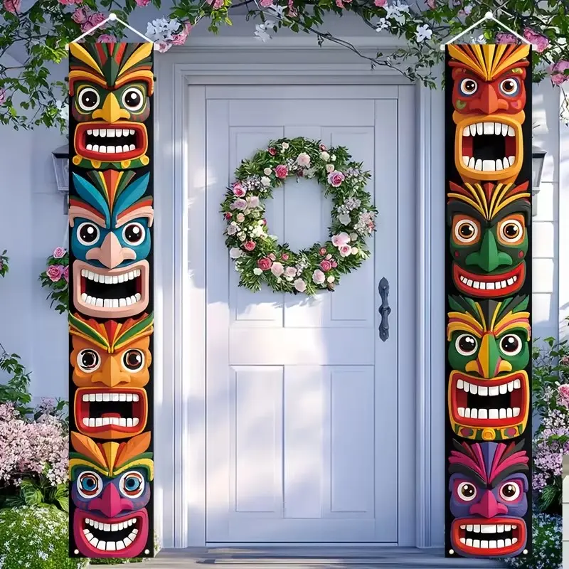 Hawaiian Party Decorative Flags, Summer Tiki Totem Couplets, Durable Polyester, 180cm X 30cm, Tropical Door & Wall Decoration, Wall Hanging Backdrop, Party Decorations Banners