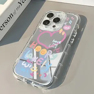 Colorful Doodle Love "Happy Lovely" Electroplated Mirror 2-in-1 Phone Case for iPhone 17/16/15/14/13/12/11 Pro/Plus/Pro Max/Air Acrylic Shockproof Protective