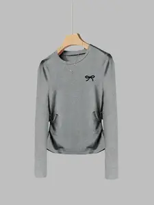 Butterfly Knot Embroidered Long Sleeve T-Shirt, Basic Slim Fit Design for Women, Perfect for Casual and Chic, Streetwear