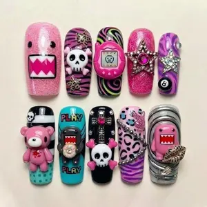 Y2K Playcore Monster Press On Nails, Pink Cartoon Charm Design, Zebra & Leopard Mix Pattern, Glitter Star Accent, Kawaii Punk Handmade Press On Nails, Retro Gamer Aesthetic, Statement Nails Gifts for Her