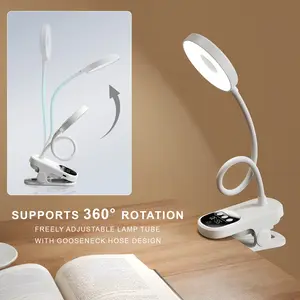 Rechargeable LED Clamp Desk Lamp with 3-Level Brightness, Clock, Adjustable Lighting – White Clip-On Table Lamp for Home Office Work, Study Reading