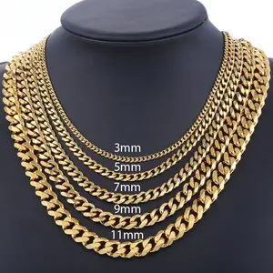 18-36inch 14K Gold Plated Stainless Steel Curb Cuban Chains Necklace 3-11mm