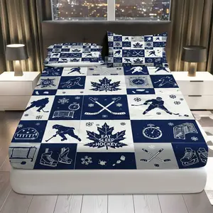 3Pcs Hockey Winter Sports Adventure Fitted Sheet Three Piece Set (1*Fitted Sheet+2*Pillowcases, Coreless), Winter theme, Ice Hockey Bedding Set, Mattress protector Soft, Breathable