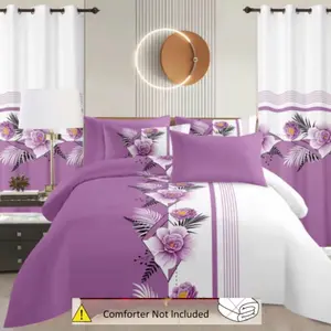 King Size 8-Piece Cotton Bedding Set with sheet, 4 Pillowcases, Flat & Fitted Sheets, 2 Curtains,  (No Comforter) and Coordinated Wall Art – Complete Modern Bedroom Décor Ensemble