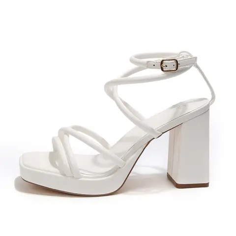 Mysoft Women’s White Plush Platform Block Heeled Sandals - Open Toe, Strappy Ankle Buckle, 5-8 cm High Heels for Women, Rubber Sole, Comfortable Formal Shoes for Wedding, Summer Casual Dress Footwear