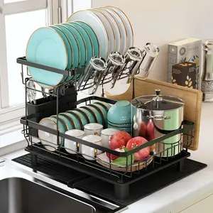 Kitchen Double-Layer Dish Drying Rack, Storage Rack with Drainage Board and Cutlery Rack,Self-draining,Fits plates of different sizes,The drain pipe can be rotated 360°,Easy to assemble,Easy to clean,The top is removable,Utensil Installation Organiser