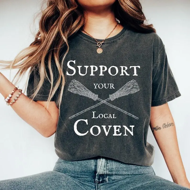 Women's Graphic T-Shirt with Support Your Local Coven Design, Retro Witchy Fitted Cotton Short-Sleeve Halloween Top, Shortsleeve, Casual, Halloween Theme, T-Shirt Top, Support Coven, Soft Cotton, Body Fitted, All Seasons, Clothes, Crew Neck
