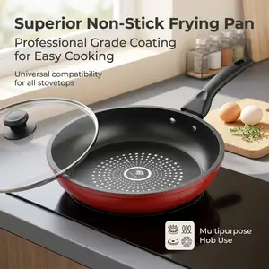 24cm Red Nonstick Skillet with Glass Lid, Nonstick Fry Pan, Diamond Reinforced Coating Pan for Hassle-Free Cooking, Works on Gas, Induction and All Stovetops, Ideal for Breakfast and Quick Meals
