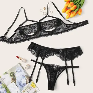 Black lace three-piece bra set - underwire bra and adjustable straps, designed for curvy figures whimsy clothing night out top plus size women clothing