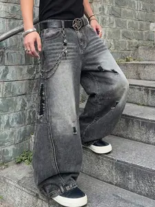 Men's Vintage Washed Loose Jeans, Wide Leg Denim Jeans with Distressed Holes, Street Style Gothic Rock Casual Long Pants, All Season Gift