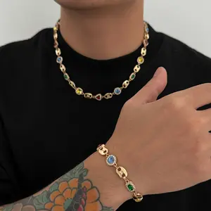 Trendy Exquisite Luxury Rhinestone Choker Necklace Bracelet Set for Men New Elegant Colorful Charm Necklace Y2K Jewelry