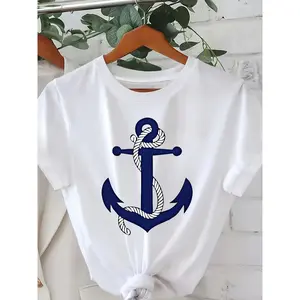 A Stylish T-Shirt Featuring a Nautical Anchor Motif, Designed for Women, Showcasing a Blue Anchor Design Intertwined with a White Rope Pattern. Perfect for Summer And Sailing Lovers, It Has a Distinctive Knotted Bottom Detail