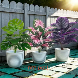 3-Piece Planter Set with Artificial Palm Trees, Decorative Fake Tree, UV Resistant Plastic Indoor Outdoor Decor, & Leaves Design, Artificial Outdoor Plants