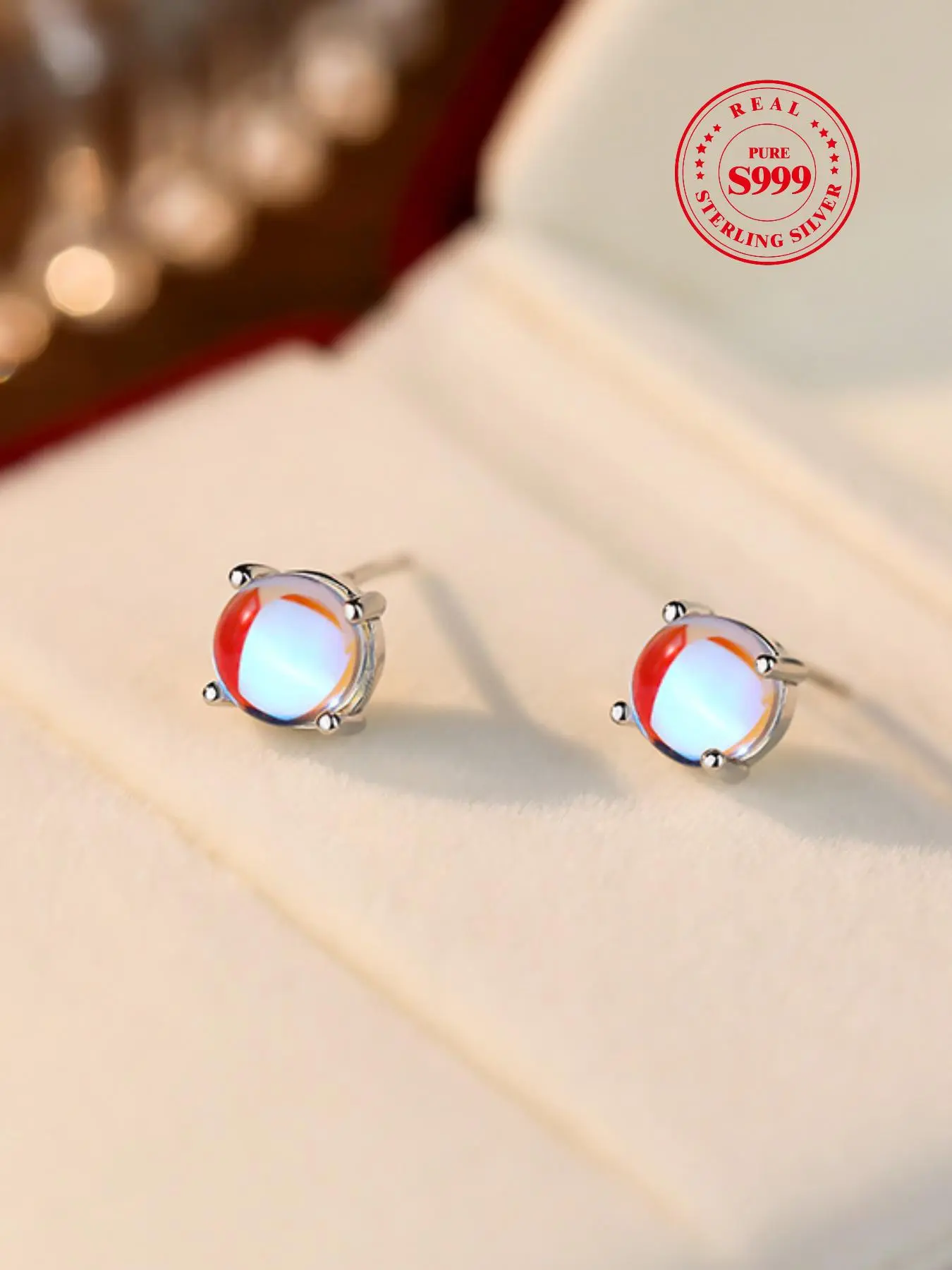 S999 Sterling Silver Artificial Moonstone Decorated Stud Earrings, Unique Design Earrings, Pretty Studs, Fashionable Earrings for Women & Girls, Trendy All-match & Exquisite Jewelry for Birthday Gift