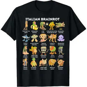 Funny Graphic Tee,Types of Italian Brainrot Meme Character Hand Drawn for Kids T-Shirt