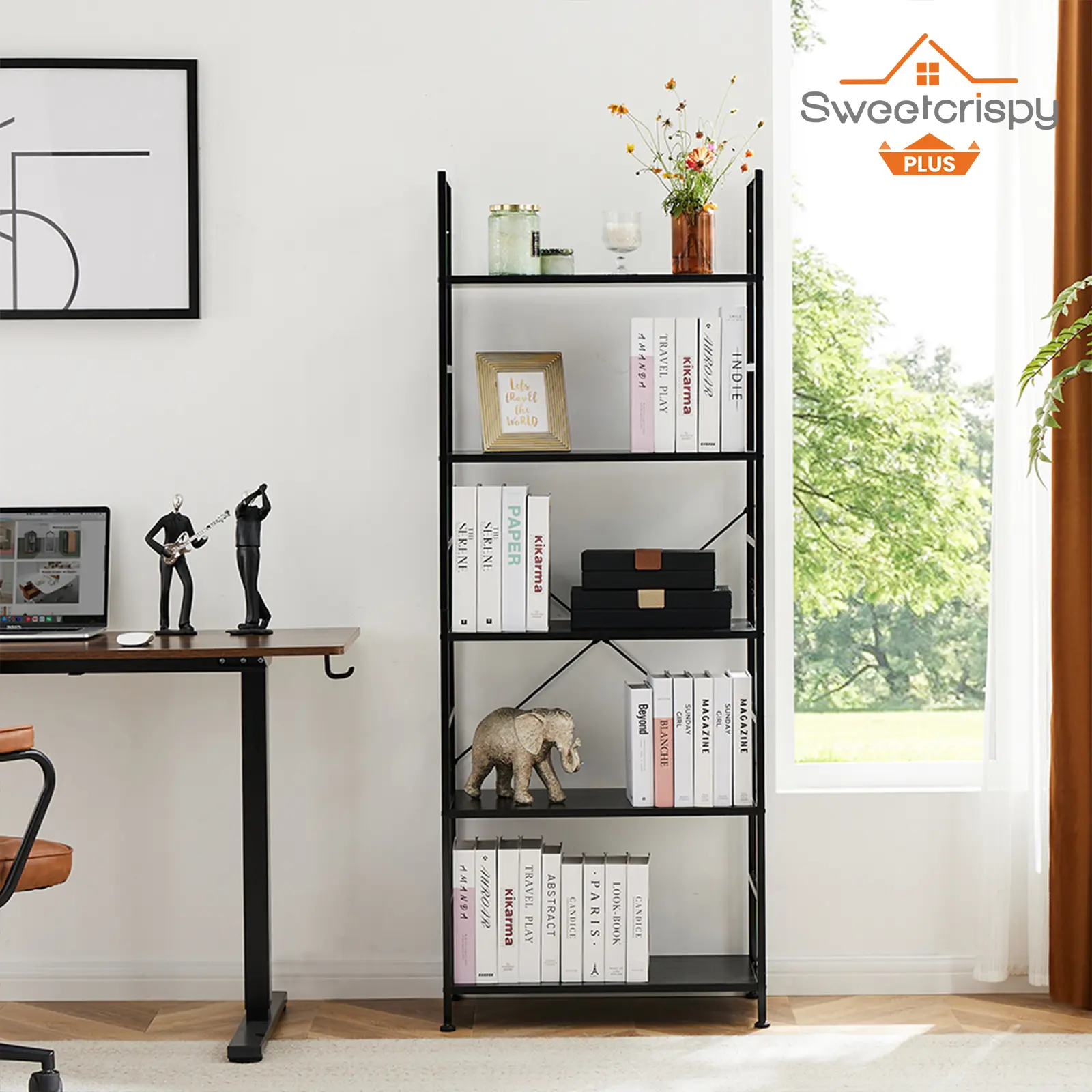 Storage Rack Book Shelf, 5 Tier Bookcase, Modern Book Case Industrial Corner Organizer for Bedroom Home Office Kitchen Living Room