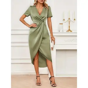 Women's Olive Green Satin Wrap Midi Dress Short Puff Sleeve Deep V-Neck Ruched High Slit Formal Cocktail Dress for Spring & Summer
