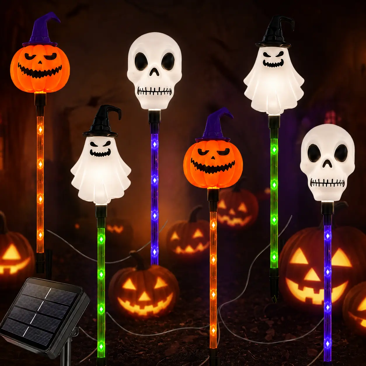 Pack of 6, Halloween Solar Garden Lights, Pumpkin, Skeleton, Ghost Ground Plug Solar LED Lights, Garden, Porch Decorative Lights, Suitable for Christmas, Halloween Party Decoration Illuminated Lantern Set