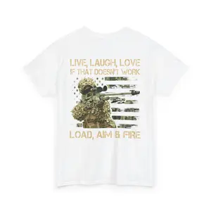 Live Laugh Love Load Aim Fire Sniper T-Shirt Funny Military Tactical Humor Tee for Veterans Patriotic Americans Cotton Menswear Soft Distressed American Flag Design