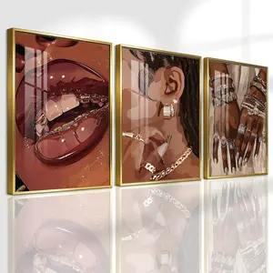 3 Counts Aluminum Alloy Framed Painting, Stylish Woman Jewelry And Gold Accessories Art Posters, Home Decoration For Living Room, Bedroom, Office, Restaurant, Hallway Wall Decor, Odorless Print Artwork, Luxury Perfect Gift For Friends And Family