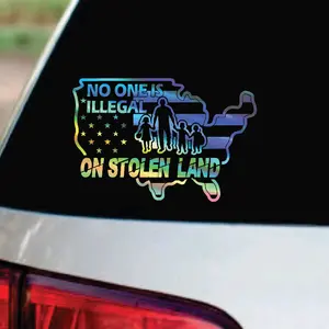 NO ONE IS ILLEGAL ON STOLEN LAND DECAL/STICKER/INMIGRATION CAR BUMPER STICKER/AMERICAN FLAG
