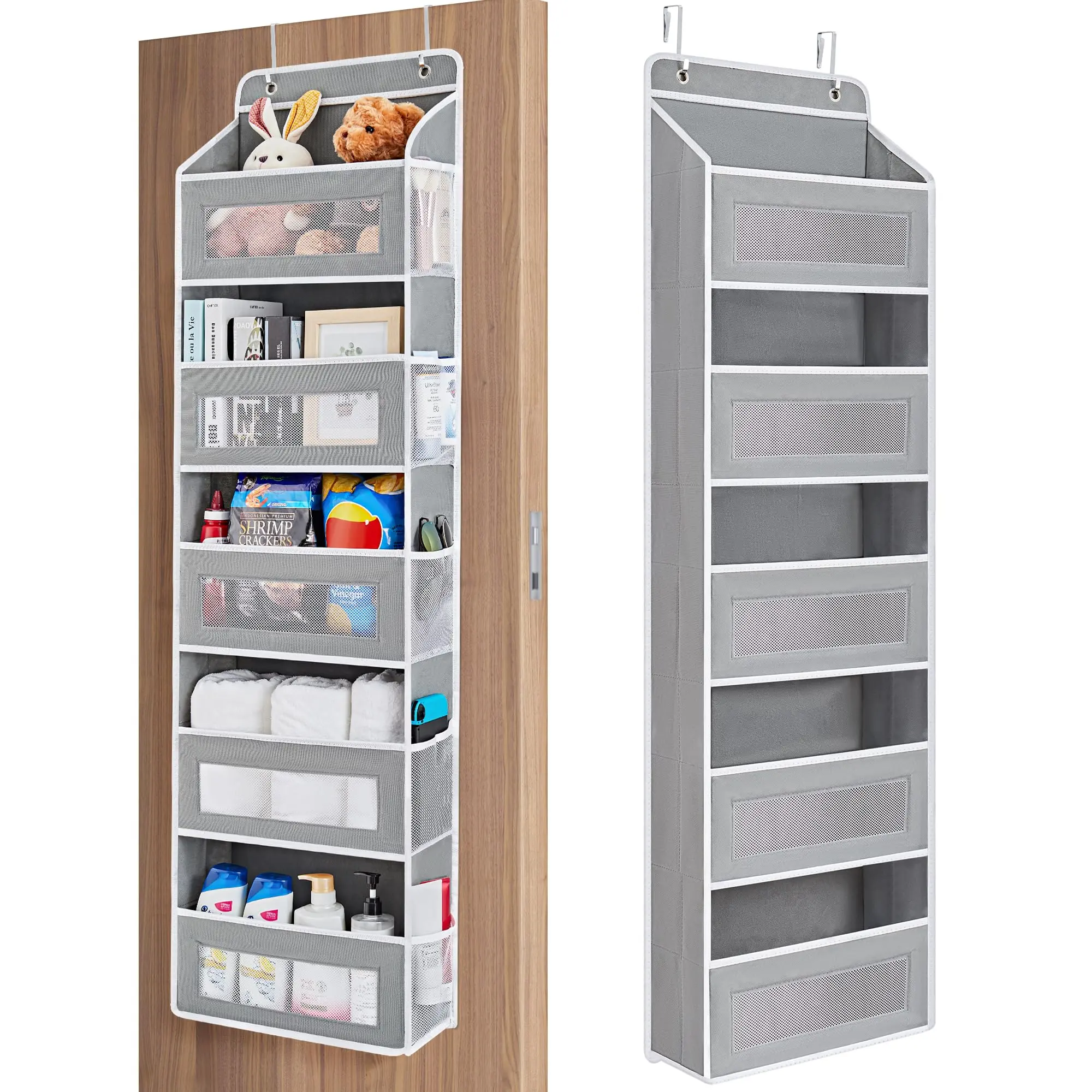 Over The Door Organizer Storage, 5 Shelf Hanging Door Organizer with 5 Large Capacity Pockets, Anti Tilt 44 lb Load Behind Door Storage for Bedroom, Bathroom, Pantry, Nursery, (Grey)