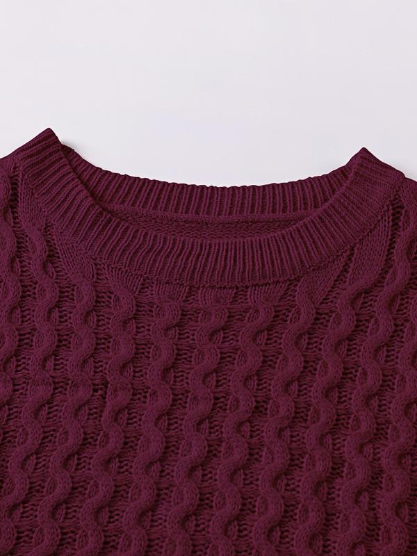 Women's Textured Curved Hem Cable Knit Sweater, Casual Long Sleeve Round Neck Jumper for Fall & Winter, Fashion Ladies' Knitwear for Daily Wear