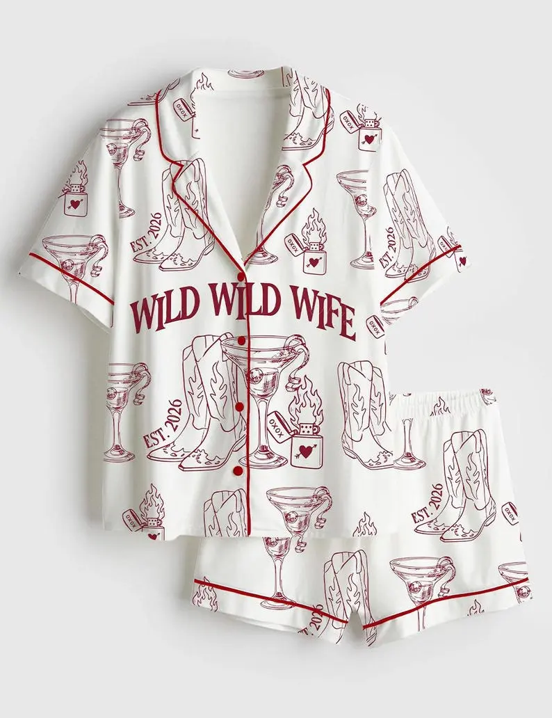 Women's Western Wild Wife 2-Piece Pajama Set - Short-Sleeve Loungewear Pants for Cowgirl Bachelorette Party Bride Sleepwear