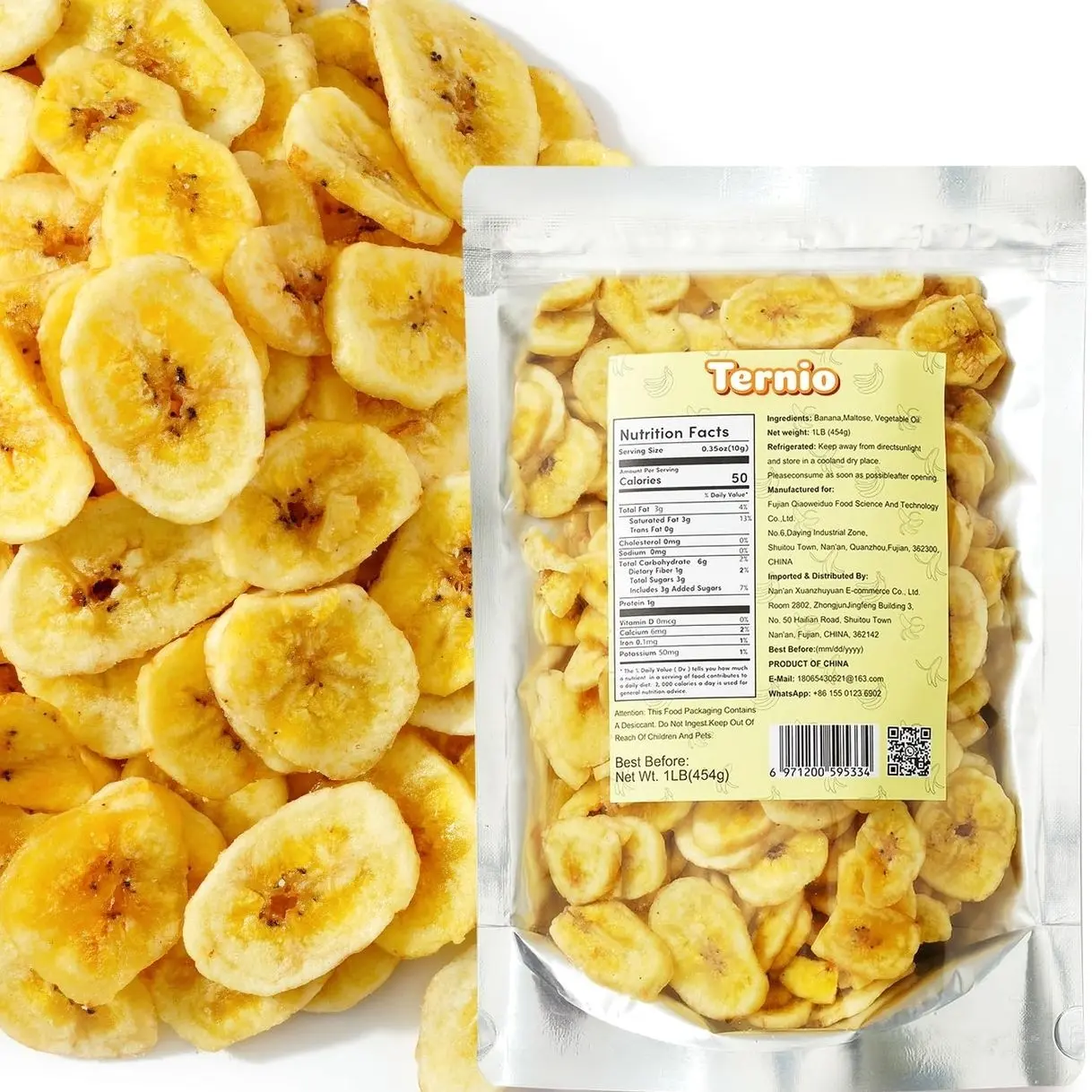 Ternio Dried Banana Chips - 1 lb/453g - Sweetened Dehydrated Banana Flakes - Bulk Healthy Dried Fruit Snack - 100% Natural.