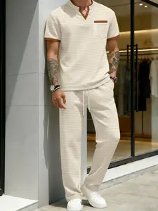 Men's Casual Sporty Colorblock Waffle Knit Double V Neck Short Sleeve Long Pants Set, Comfortable Summer, Fashionable Athletic Wear