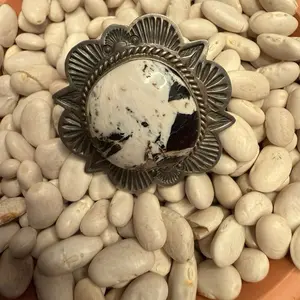 White Buffalo Oval Ring with Stamped Shield & Rope Bezel, Adjustable by M. Spencer