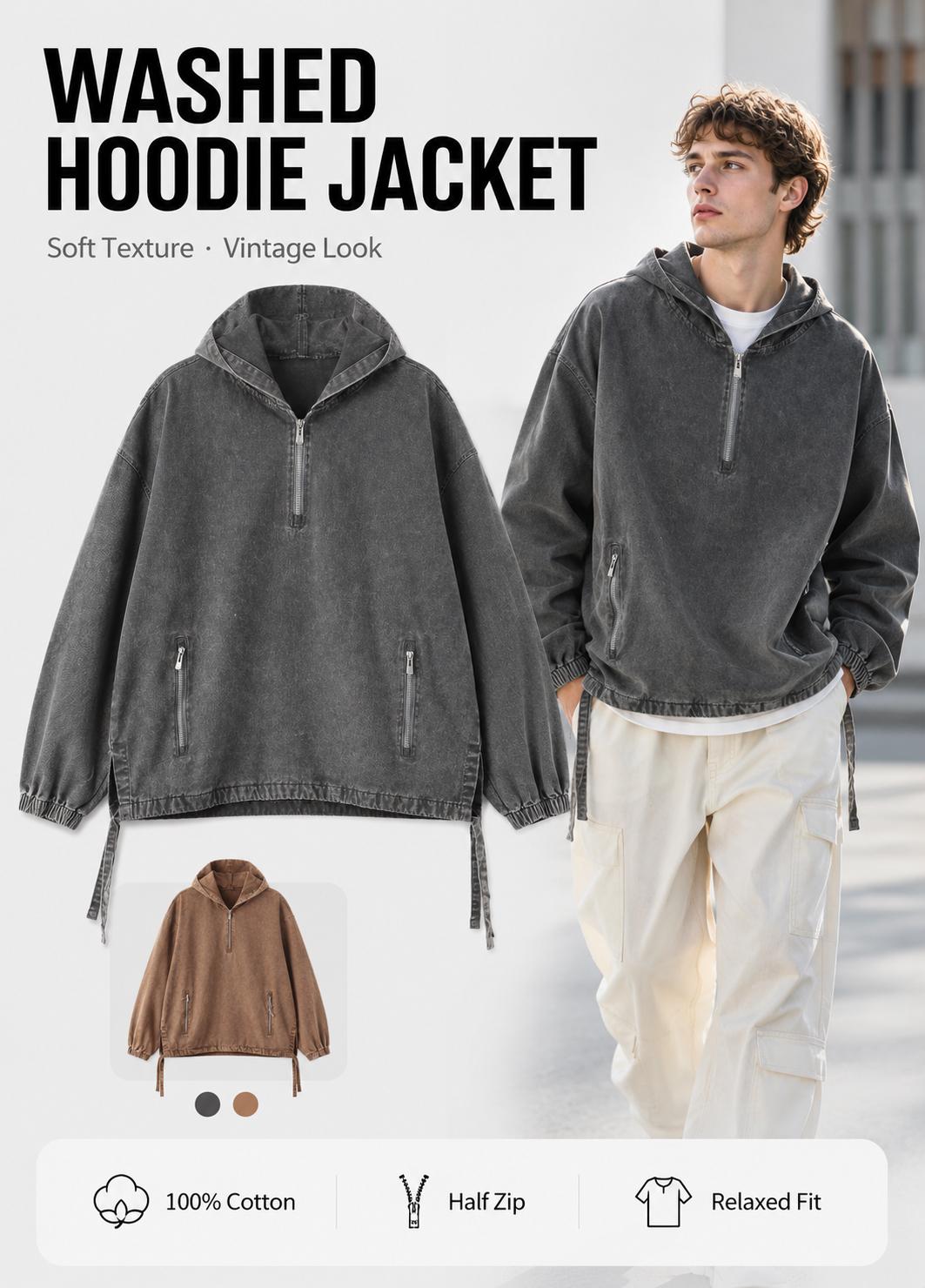 Gihuo Unisex Cotton Washed Denim Hoodie Vintage Oversized Half Zip Pullover Sweatshirt with Zip Pockets, Long Sleeve Casual Hooded Sweatshirt for Baggy Cargo Gihuo Unisex Cotton Washed Denim Hoodie Vintage Oversized Half Zip Pullover Sweatshirt with Zip Pockets, Long Sleeve Casual Hooded Sweatshirt for Baggy Cargo