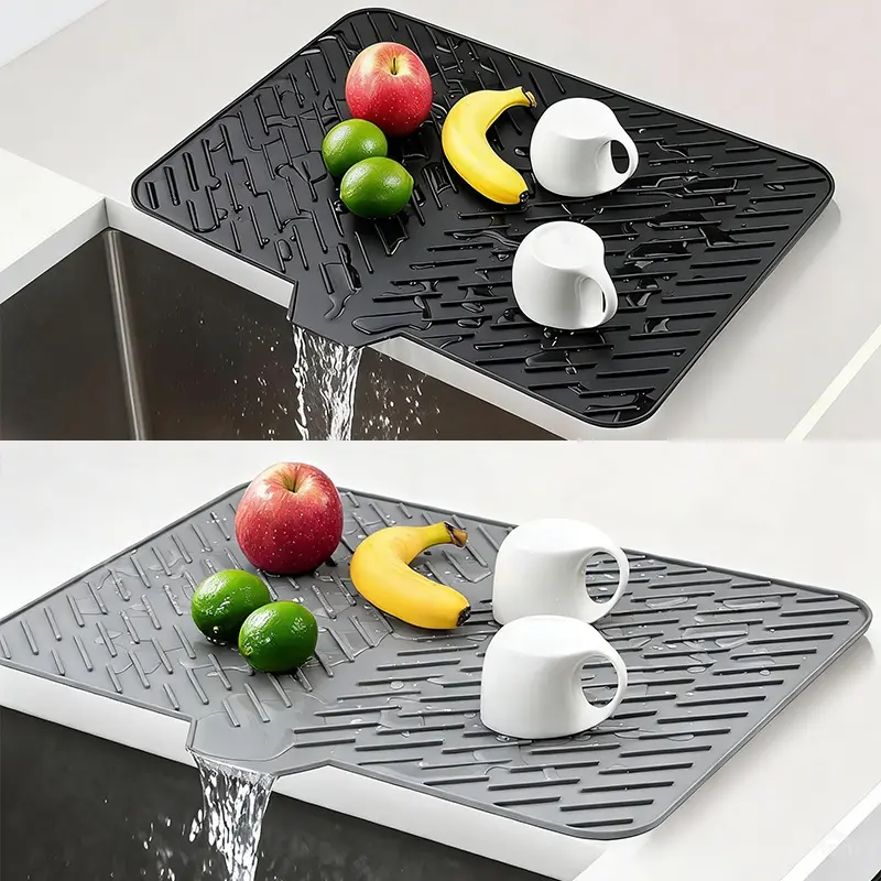 Large Silicone Drying Mat – Ribbed, Heat-Resistant Dish Trivet with Drain Lip, Easy-to-Clean Camp Kitchenware for Camping & Outdoor Use