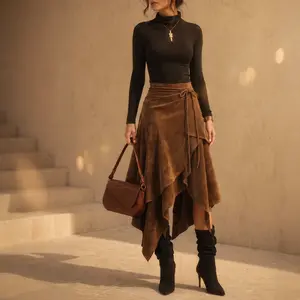 Woman's Brown Suede Skirt Asymmetrical Hem Waist Tie Warm Soft Vintage Retro A-line Midi Skirt For Office Date Holiday Casual Outdoor Shopping Travel