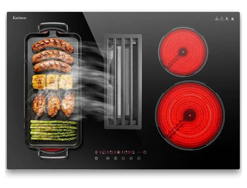 Karinear 36-Inch 7400W Touchscreen Multi-Function Induction Hob, Built-In 4-Burner Ceramic Cooktop with Downdraft Hood, Child Lock, Overheat Protection Indicator, Touchscreen Induction Hobs