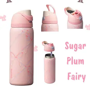 Owala FreeSip 32oz Sugar Plum Fairy Tumbler | Holiday Edition Leak-Proof Insulated Water Bottle, 24H Cold Keep, Built-In Straw Stainless Steel Cup, Pink Bow Coquette Balletcore Bottle for School Gym Travel