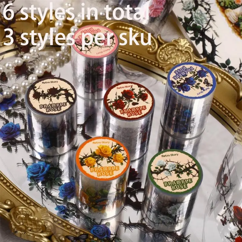 3 Rolls Dark Floral Thorn Rose Series Adhesive Tape, Creative Handmade Decoration Material, Scrapbook Materials, Perfect for Scrapbooking, Journals, Albums, Phone Cases