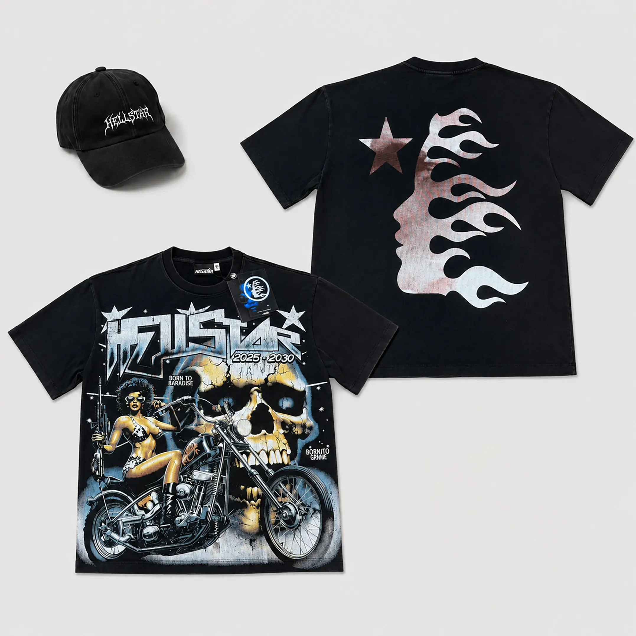 Hellstar Graphic T Shirt Heavyweight Cotton Oversized Crew Neck Short Sleeve Tee Washed Black Motorcycle Skull Flame Star Front Back Print Y2K Streetwear Vintage Hip Hop Casual Summer Party Festival Outfit Men Women Unisex Teens Adults