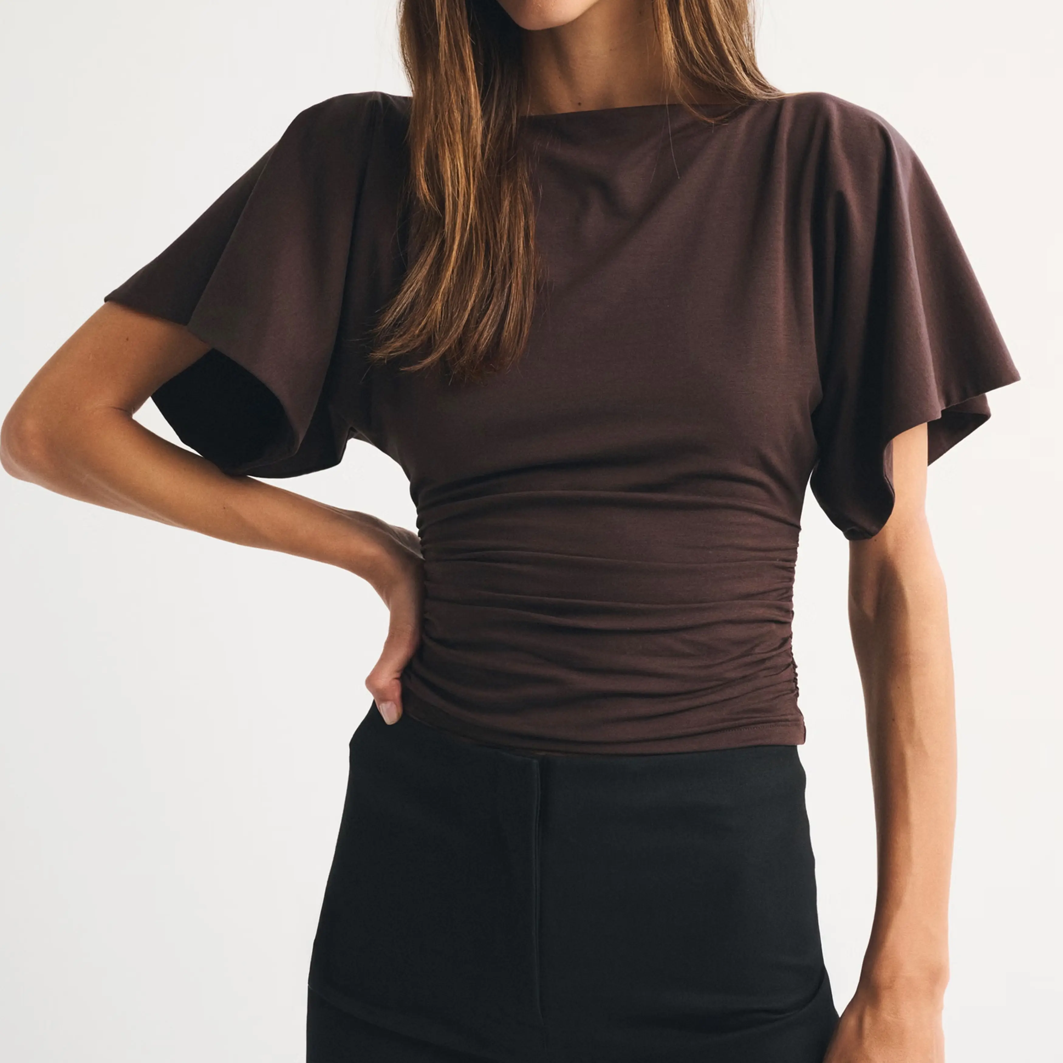 Women’s Ruched Waist Short Sleeve Top Summer Boat Neck Flutter Sleeve Solid Color ShirtsFit Blouse