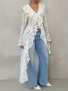 New Women's Lace Front Short Back Long Transparent Sexy T-Shirt, Blouse, Lightweight, Fashionable Casual Top for Everyday Wear, Stylish and Comfortable