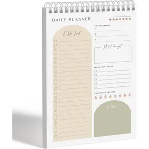 Daily Planner  Notepad 60 Undated Pages,Almond,-ring Spiral Bindling 6x9 Inch Desktop Daily Planning Notepad with Protective Cover,Notebook for Daily Tasks, Water , Habit