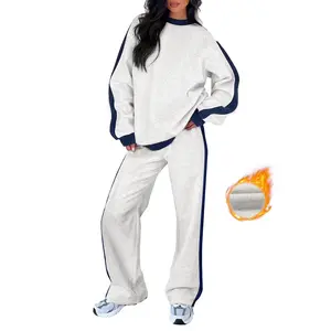 SHEWIN Women's 2-Piece Fleece Lined Sweatsuit Set - Colorblock Crew Neck Sweatshirt & Roomy Jogger Pants with Pockets - Soft Cotton Blend Tracksuit for Cozy Comfort