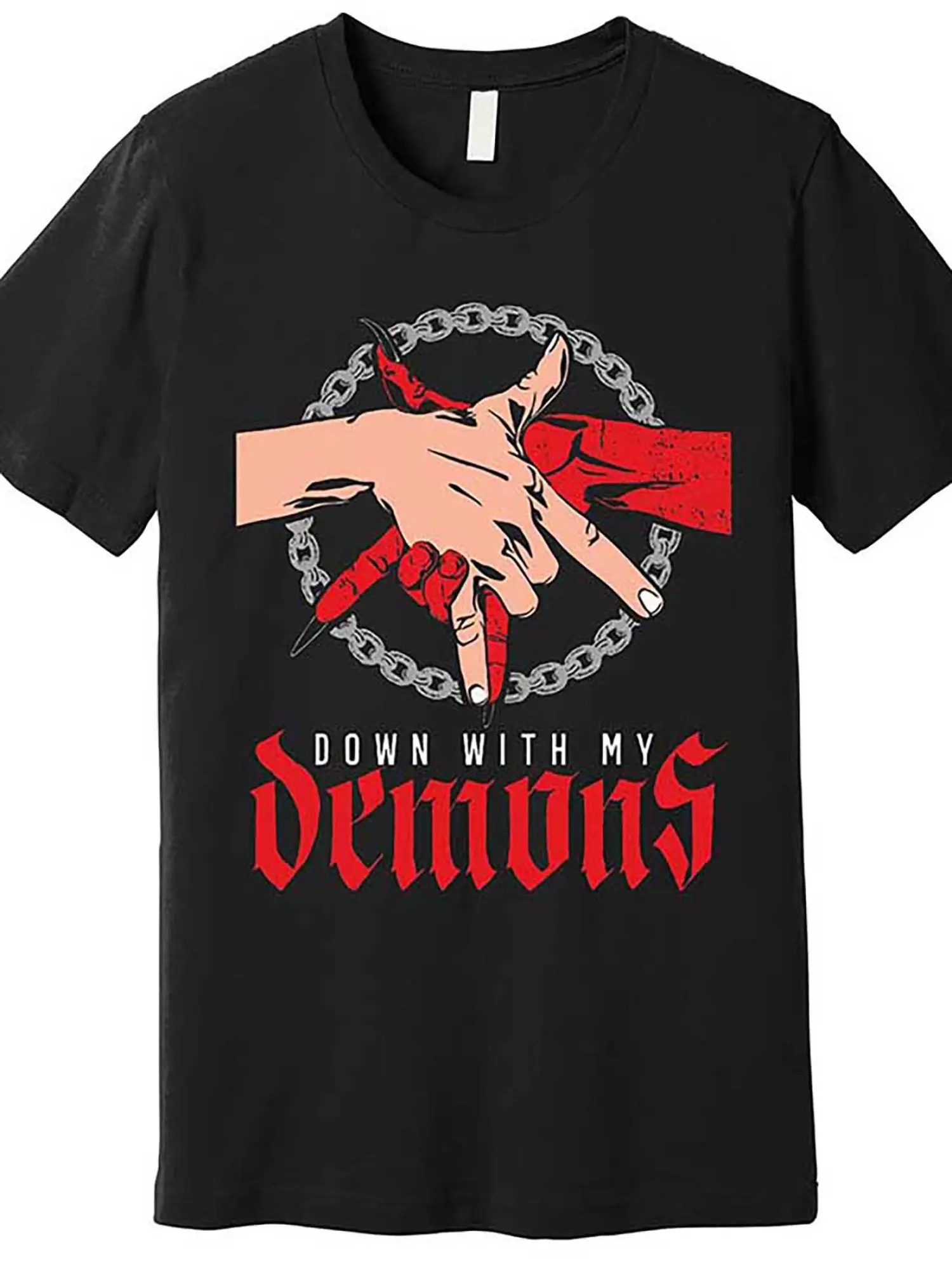 Men'S "With My Demons' Pattern T-Shirt - Black Short Sleeve T-Shirt with Bold Red And White Gothic Humor Print, Casual Crew Neck, Suitable for Parties, Birthdays, And Casual Outfits Casual T-Shirt| Bold Print Shirt