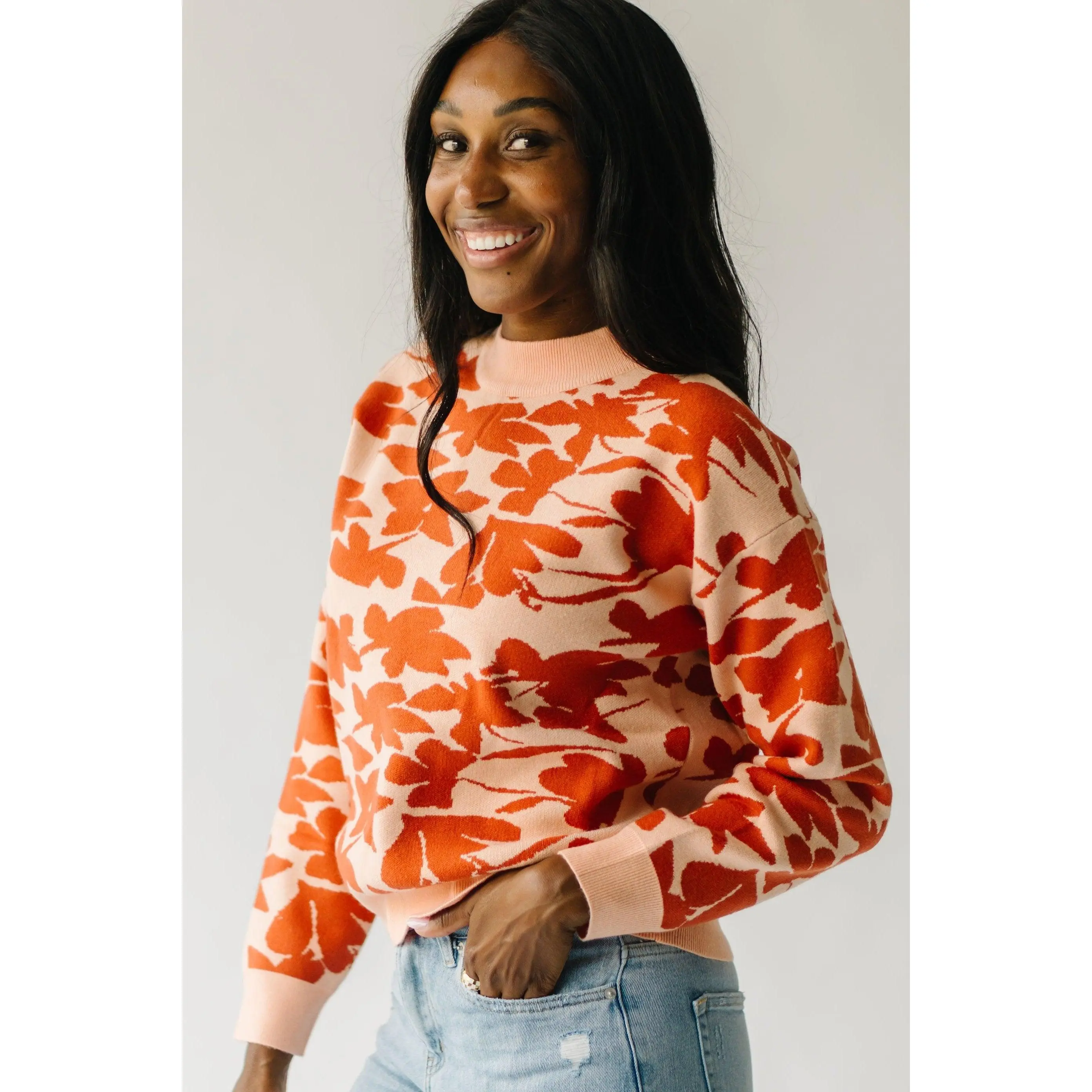 The Nobringa Mock Neck Floral Sweater in Peach